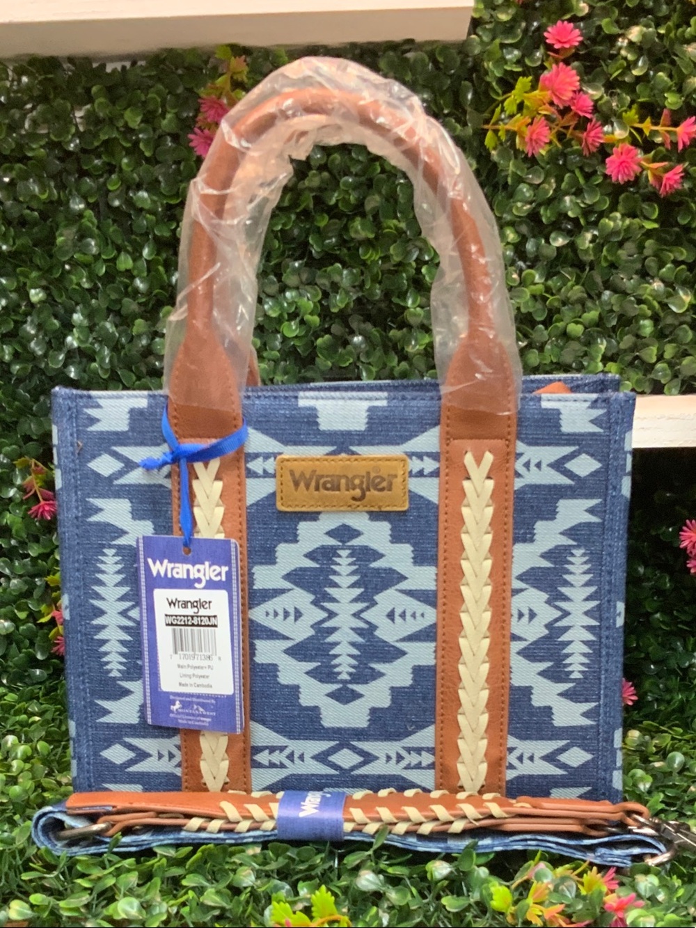 Wrangler Blue Aztec-Pattern Tote with Brown Trim and Braided Detail